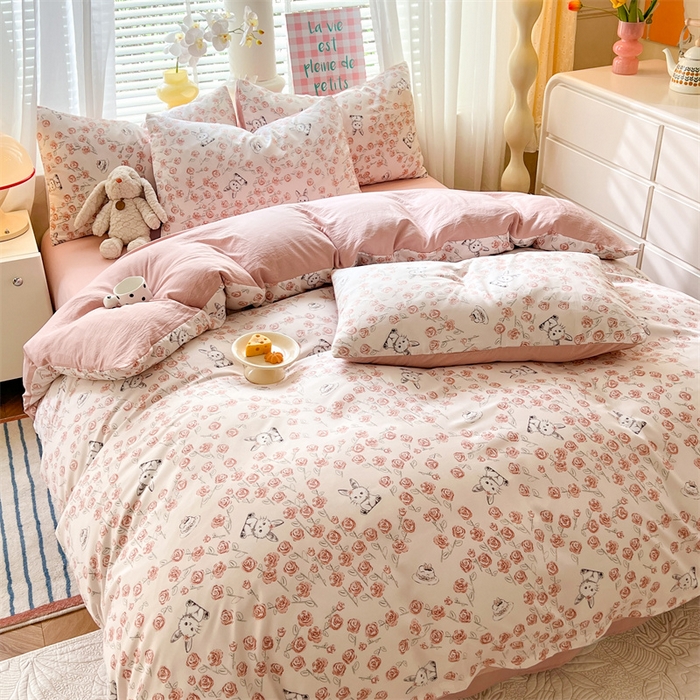 91家纺网 家纺一手货源 找家纺 多品 2024新款水洗棉双层纱四件套 玫瑰花园