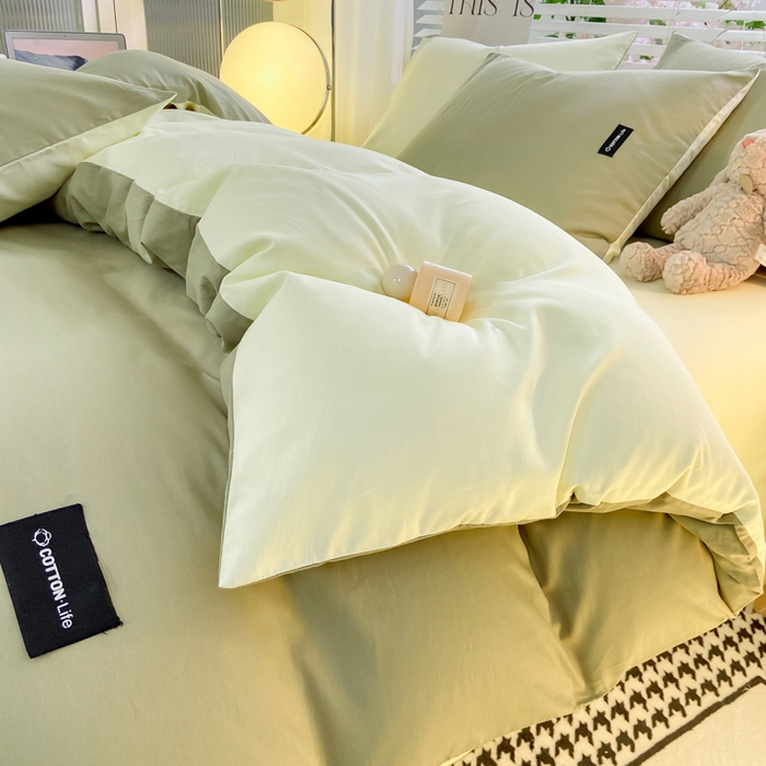 91家纺网 家纺一手货源 找家纺 黑马家居 2024新款双拼全棉四件套 灰绿+奶白