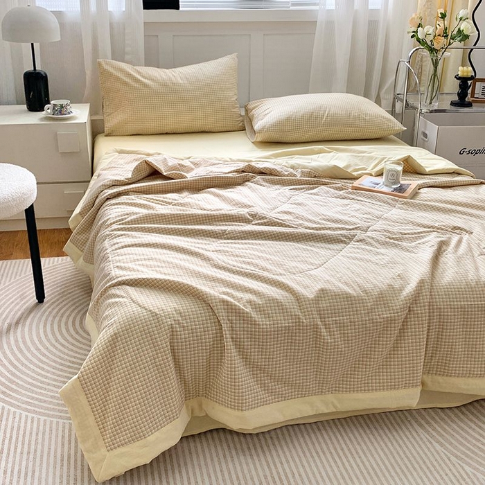 91家纺网 家纺一手货源 找家纺 水洗的故事2025新款A类色织水洗棉丝夏被四件套系列 奶黄格