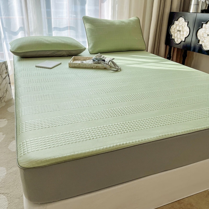 91家纺网 家纺一手货源 找家纺 全季家居 2024新款5A速冷PE简约系列凉豆豆席 格调-果绿-床笠款