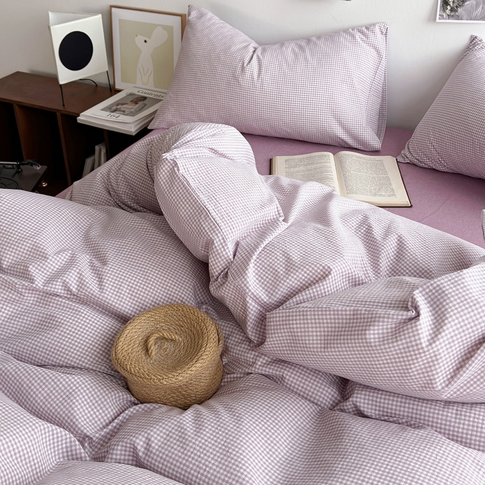 91家纺网 家纺一手货源 找家纺 水洗的故事 2024新款无印良品水洗棉四件套  小小格紫