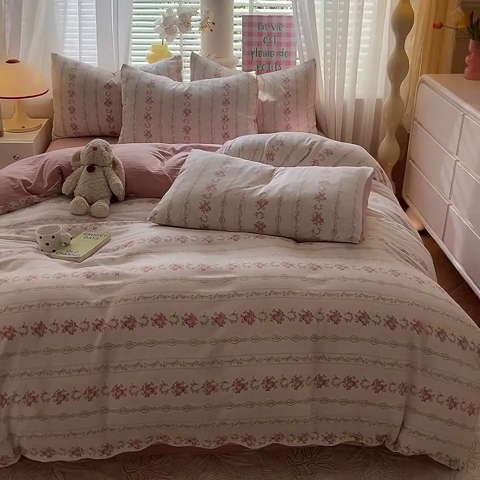 91家纺网 家纺一手货源 找家纺 多品 2024新款水洗棉双层纱四件套 白薇