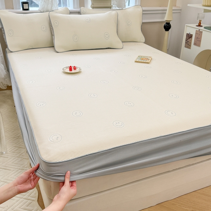 91家纺网 家纺一手货源 找家纺 全季家居 2024新款5A速冷PE小动物系列凉豆豆席 笑脸-天蓝-床笠款