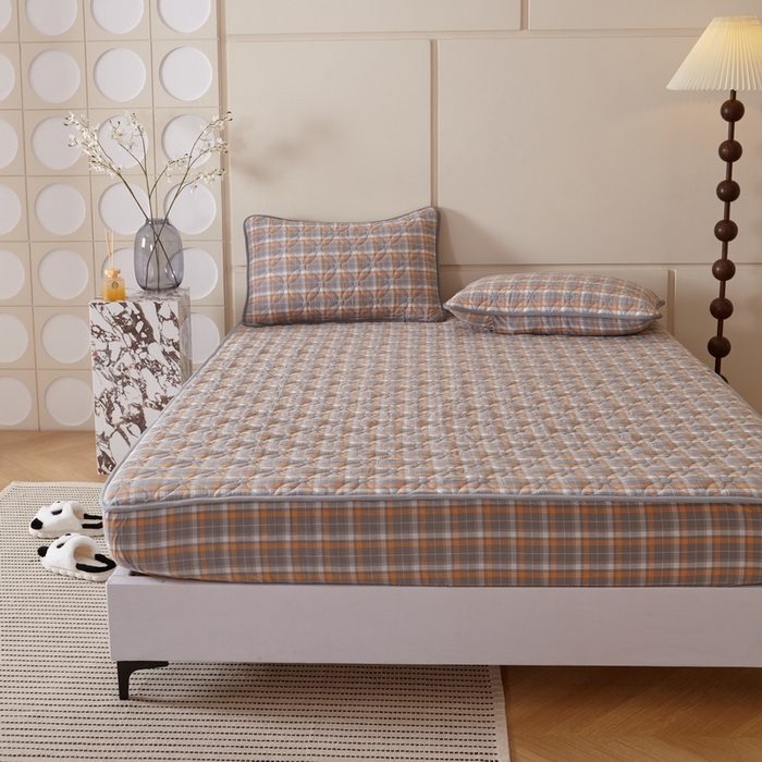 91家纺网 家纺一手货源 找家纺 杜先生 2024新款无印风水洗棉夹棉床笠 橙灰格