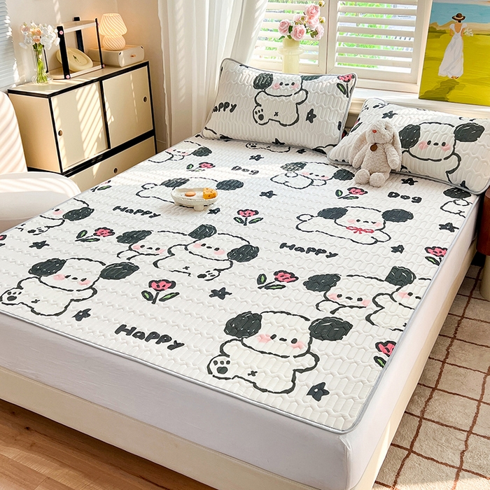 91家纺网 家纺一手货源 找家纺 慕澄家纺 2024新款小版印花0.5乳胶凉席系列 快乐小狗