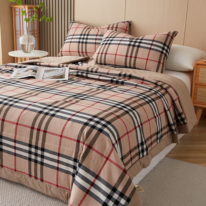 91家纺网 家纺一手货源 找家纺 猎鹿人家纺 2024新款水洗棉棉花夏被 咖条