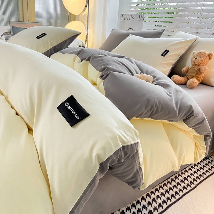 91家纺网 家纺一手货源 找家纺 黑马家居 2024新款双拼全棉四件套 奶白+中灰