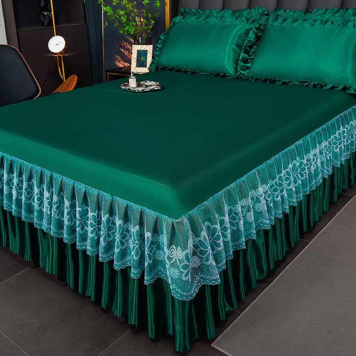 91家纺网 家纺一手货源 找家纺 艾裙海  2025新款纯色床裙款冰丝凉席 深情绿