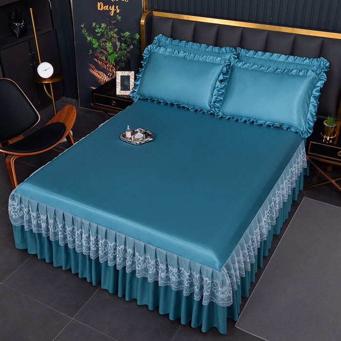 91家纺网 家纺一手货源 找家纺 艾裙海  2025新款纯色床裙款冰丝凉席 宝石蓝