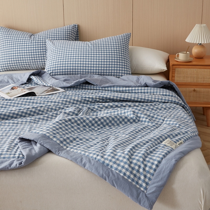 91家纺网 家纺一手货源 找家纺 猎鹿人家纺 2024新款水洗棉棉花夏被 蓝小格