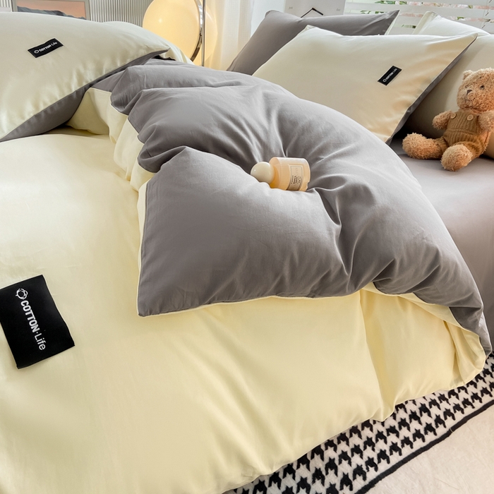 91家纺网 家纺一手货源 找家纺 黑马家居 2024新款双拼全棉四件套 奶白+中灰