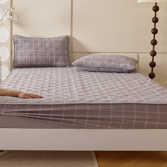 91家纺网 家纺一手货源 找家纺 杜先生 2024新款无印风水洗棉夹棉床笠 浅灰大格