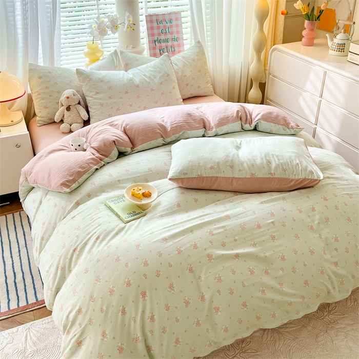 91家纺网 家纺一手货源 找家纺 多品 2024新款水洗棉双层纱四件套 半夏