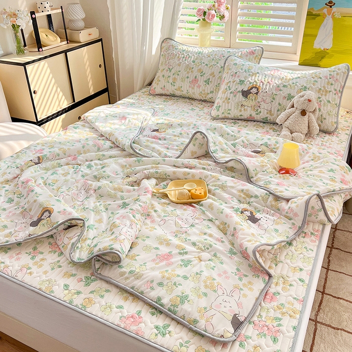 91家纺网 家纺一手货源 找家纺 慕澄家纺 2024新款小版印花0.5乳胶凉席夏被四件套 夏天