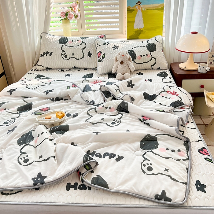 91家纺网 家纺一手货源 找家纺 慕澄家纺 2024新款小版印花0.5乳胶凉席夏被四件套 快乐小狗