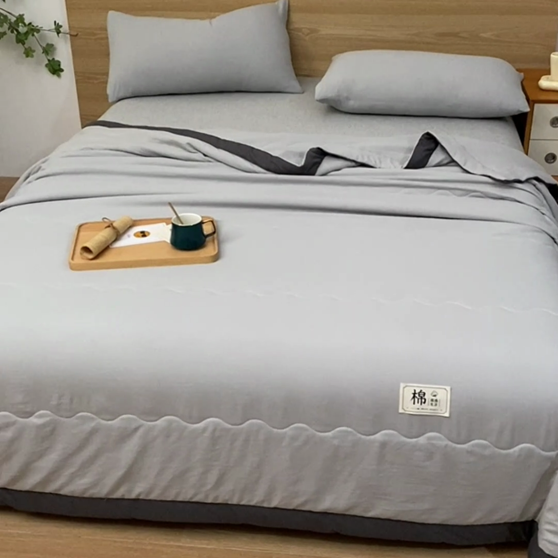 91家纺网 家纺一手货源 找家纺 猎鹿人家纺 2024新款纯色水洗棉纱棉花夏被 摩卡灰