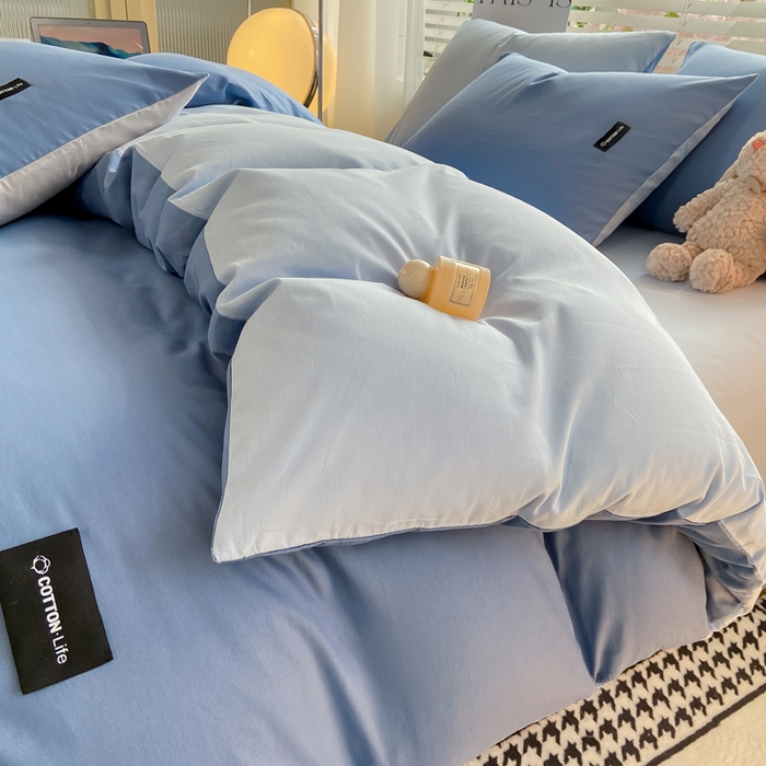 91家纺网 家纺一手货源 找家纺 黑马家居 2024新款双拼全棉四件套 宾利蓝+天蓝