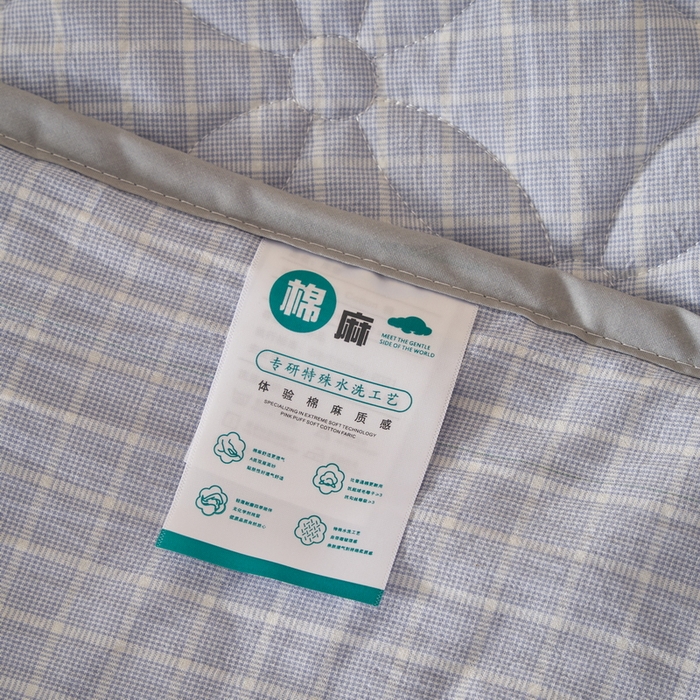 91家纺网 家纺一手货源 找家纺 杜先生 2024新款无印风水洗棉夹棉床笠 浅兰小格