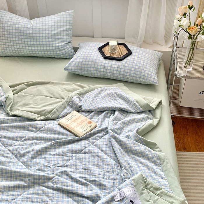 91家纺网 家纺一手货源 找家纺 水洗的故事2025新款A类色织水洗棉丝夏被四件套系列 青果格