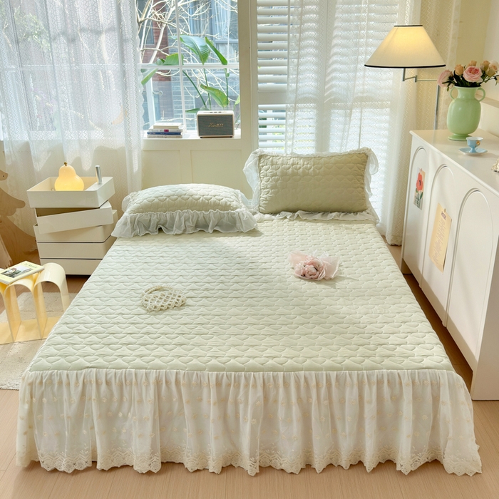 91家纺网 家纺一手货源 找家纺 淑女公社 2024春夏新款竹棉双层纱床裙款四件套-玫瑰庄园 玫瑰庄园 绿