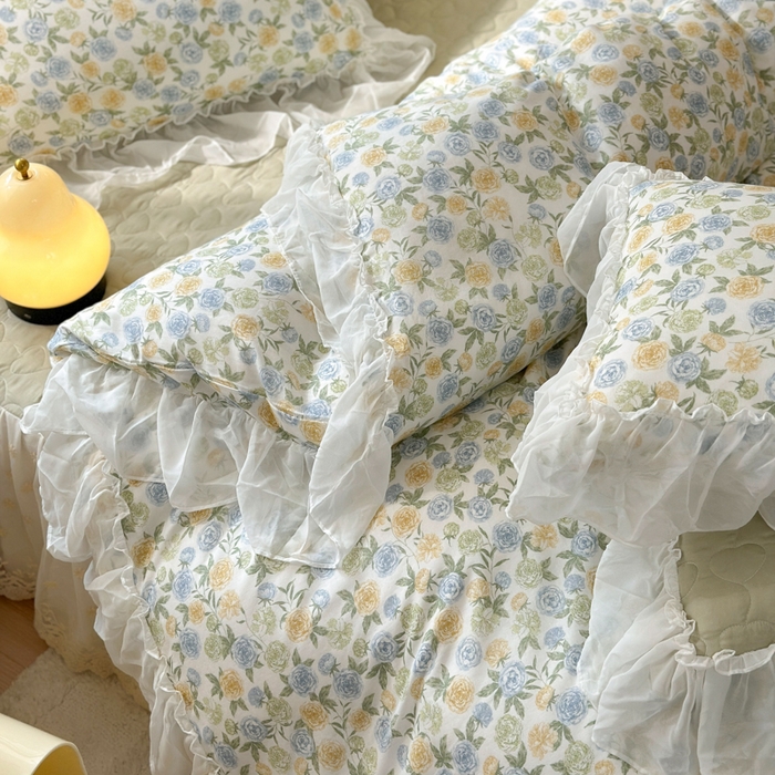 91家纺网 家纺一手货源 找家纺 淑女公社 2024春夏新款竹棉双层纱床裙款四件套-玫瑰庄园 玫瑰庄园 绿