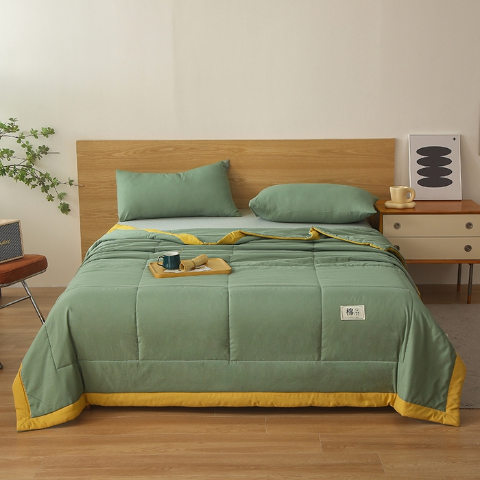 91家纺网 家纺一手货源 找家纺 猎鹿人家纺 2024新款纯色水洗棉纱棉花夏被 抹茶绿