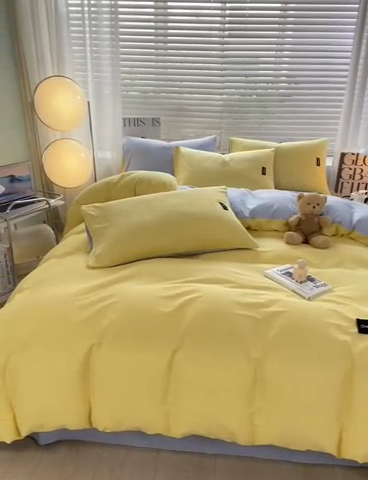 91家纺网 家纺一手货源 找家纺 黑马家居 2024新款双拼全棉四件套 黄+天蓝