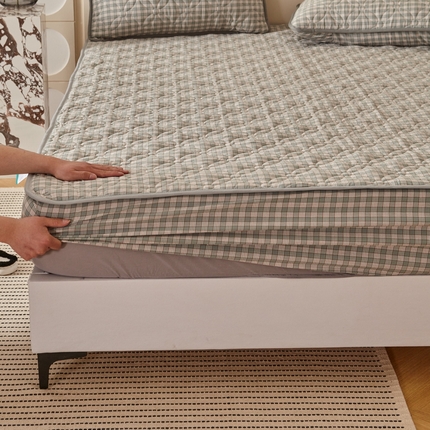 杜先生 2024新款无印风水洗棉夹棉床笠 绿小格