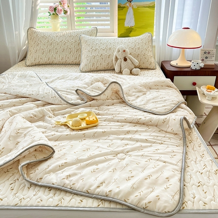 慕澄家纺 2024新款小版印花0.5乳胶凉席夏被四件套 叶子青青