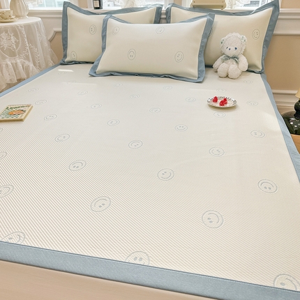 91家纺网 家纺一手货源 找家纺 全季家居 2024新款5A速冷PE小动物系列凉豆豆席 笑脸-天蓝-床席款