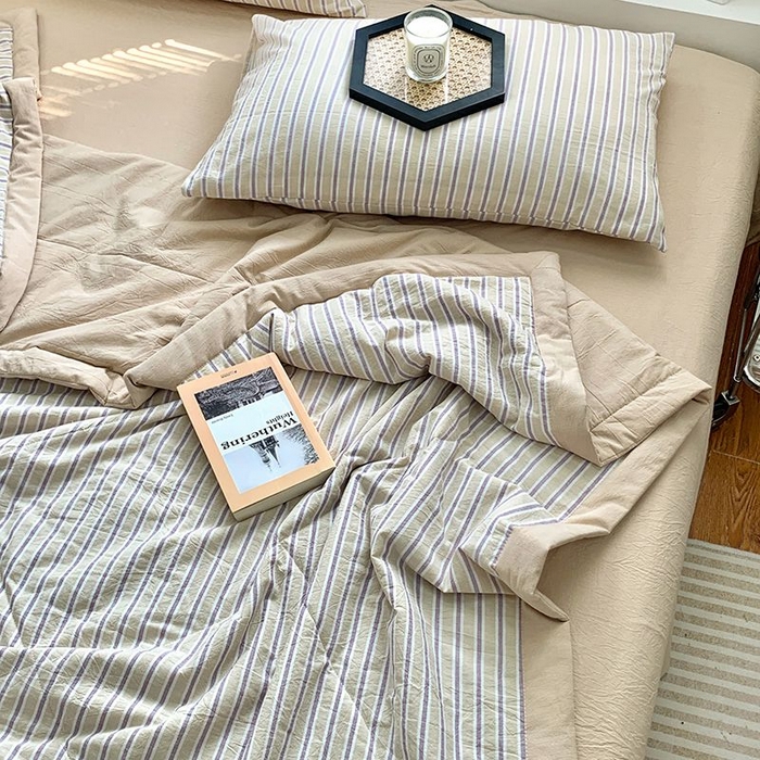 91家纺网 家纺一手货源 找家纺 水洗的故事2025新款A类色织水洗棉丝夏被四件套系列 紫米条