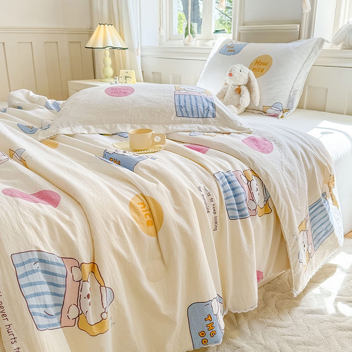 91家纺网 家纺一手货源 找家纺 创优家纺  2025新款A类皱皱纱小花边夏被 嘟嘟熊