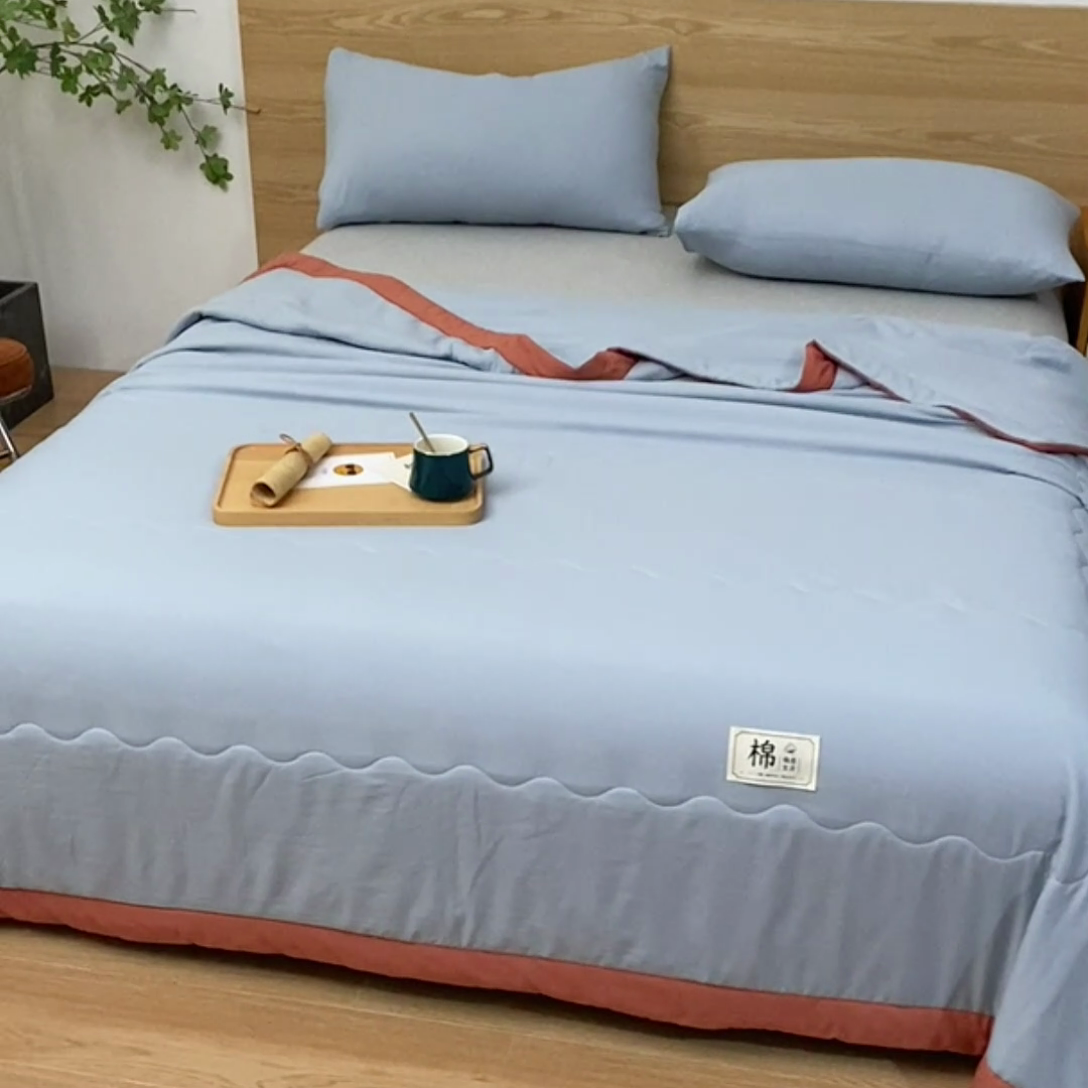 91家纺网 家纺一手货源 找家纺 猎鹿人家纺 2024新款纯色水洗棉纱棉花夏被 蓝灰