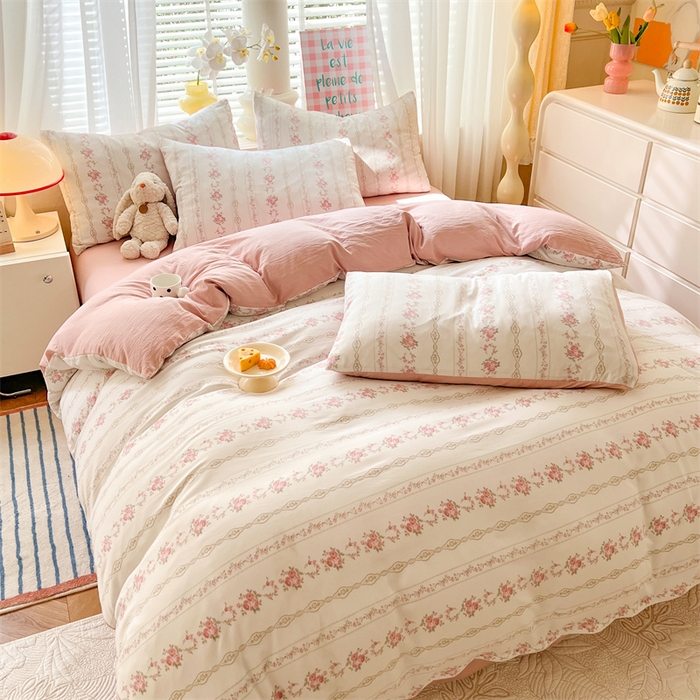 91家纺网 家纺一手货源 找家纺 多品 2024新款水洗棉双层纱四件套 白薇