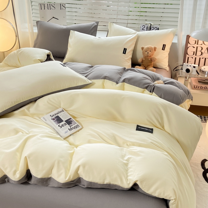 91家纺网 家纺一手货源 找家纺 黑马家居 2024新款双拼全棉四件套 奶白+中灰