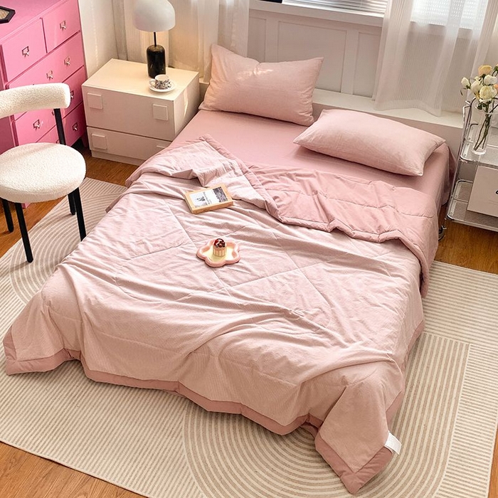 91家纺网 家纺一手货源 找家纺 水洗的故事2025新款A类色织水洗棉丝夏被四件套系列 密条粉