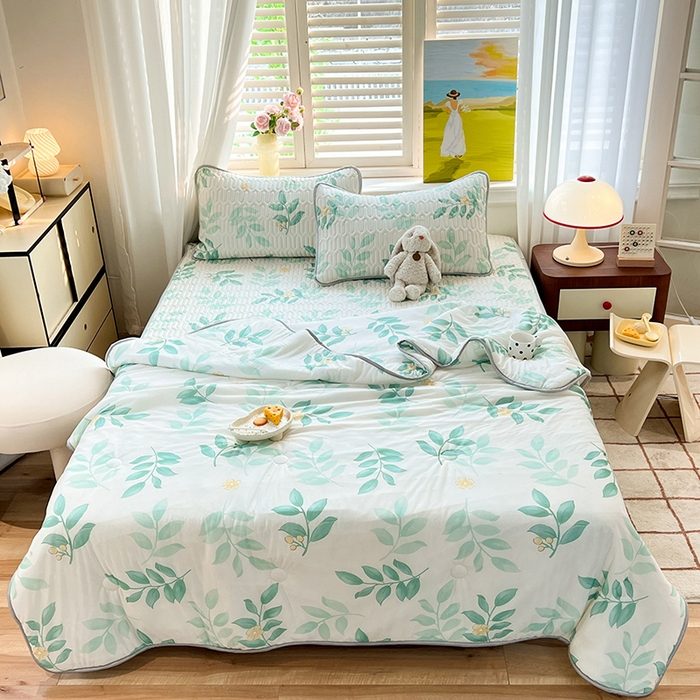 91家纺网 家纺一手货源 找家纺 慕澄家纺 2024新款小版印花0.5乳胶凉席夏被四件套 绿叶