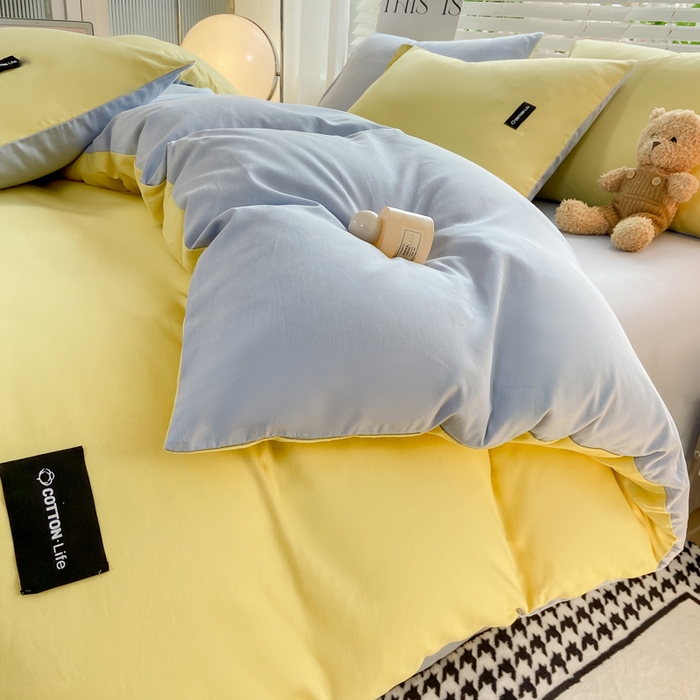 91家纺网 家纺一手货源 找家纺 黑马家居 2024新款双拼全棉四件套 黄+天蓝