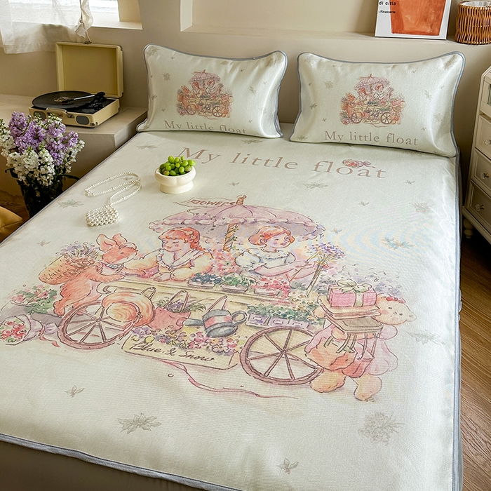 91家纺网 家纺一手货源 找家纺 萝莉家纺 2024新款大版印花冰丝凉席床席床笠款 我心爱的小花车-床笠款