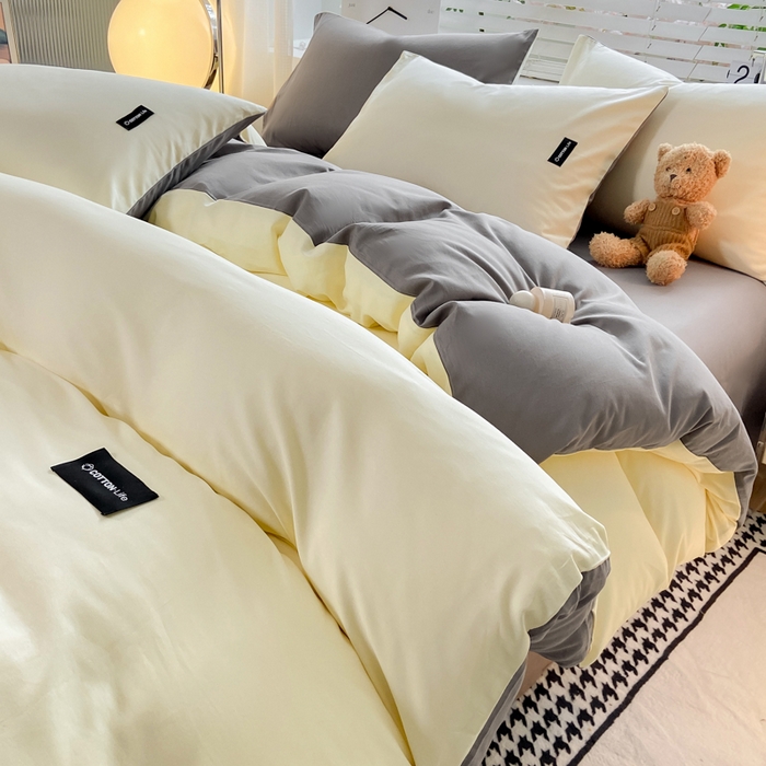 91家纺网 家纺一手货源 找家纺 黑马家居 2024新款双拼全棉四件套 奶白+中灰