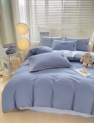 91家纺网 家纺一手货源 找家纺 黑马家居 2024新款双拼全棉四件套 宾利蓝+天蓝