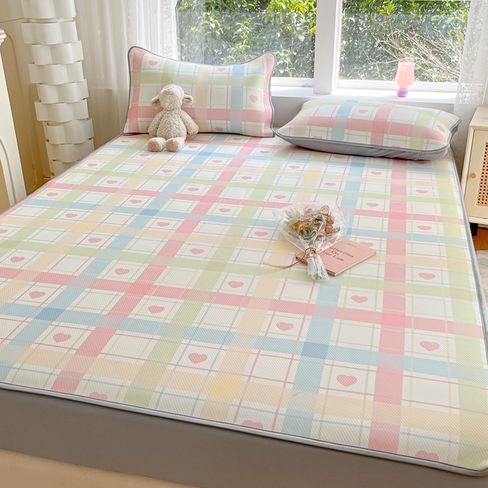 91家纺网 家纺一手货源 找家纺 星座 2025大斜纹复合冰丝凉席床笠款 爱心气泡粉-床笠款