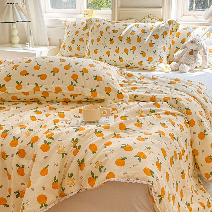 91家纺网 家纺一手货源 找家纺 创优家纺  2025新款A类皱皱纱小花边夏被 元气橘子