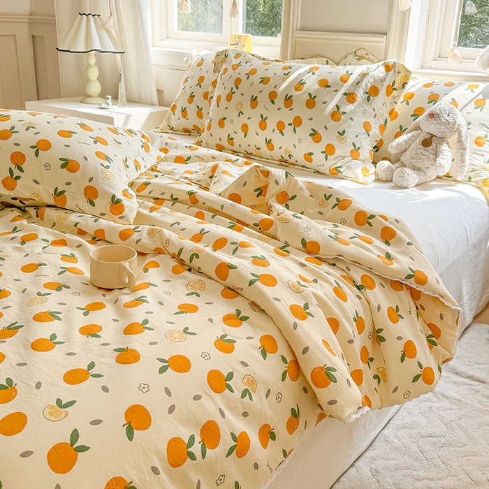 91家纺网 家纺一手货源 找家纺 创优家纺  2025新款A类皱皱纱小花边夏被 元气橘子