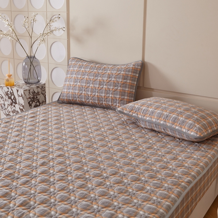 91家纺网 家纺一手货源 找家纺 杜先生 2024新款无印风水洗棉夹棉床笠 橙灰格