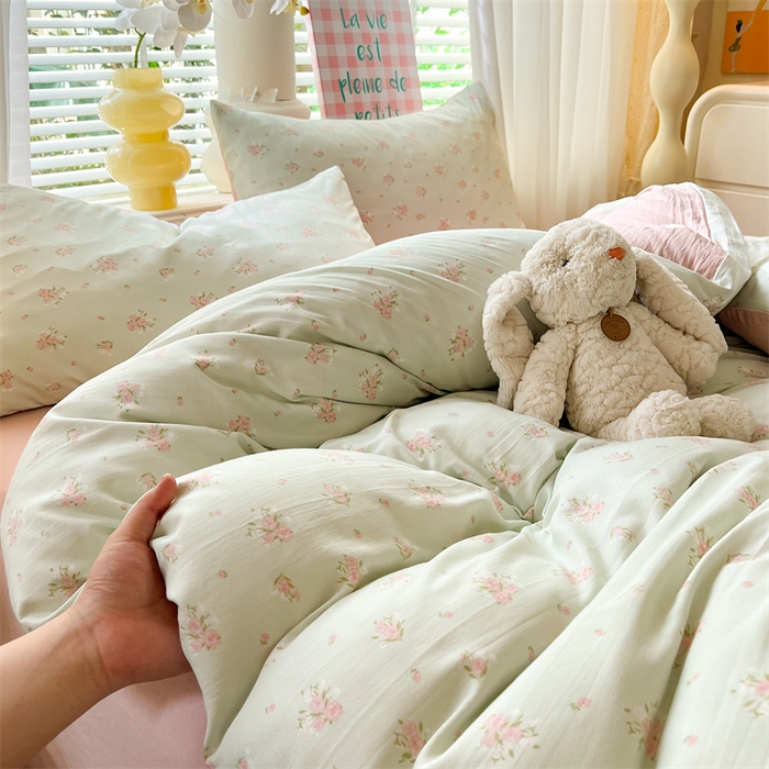 91家纺网 家纺一手货源 找家纺 多品 2024新款水洗棉双层纱四件套 半夏