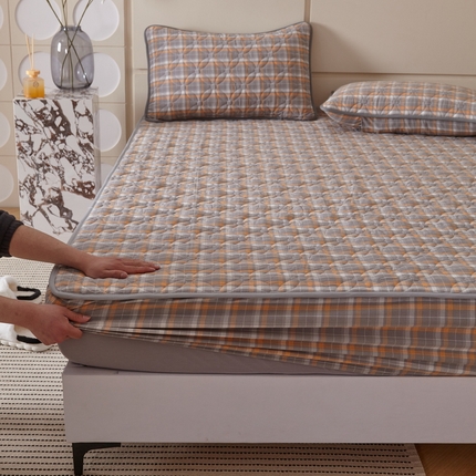 杜先生 2024新款无印风水洗棉夹棉床笠 橙灰格