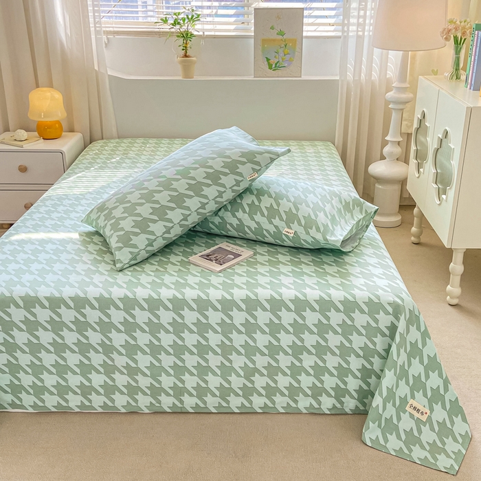 91家纺网 家纺一手货源 找家纺 卧趣家纺 2024新品全棉老粗布单品床单床笠系列-单品床单系列 千鸟格-绿