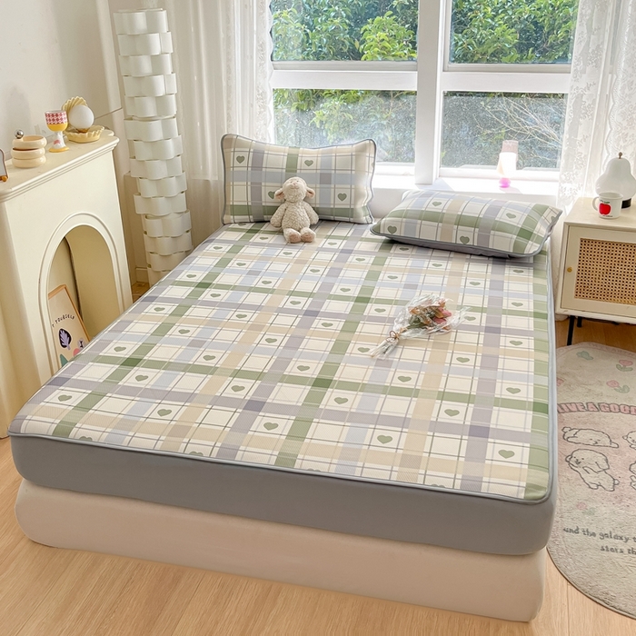 91家纺网 家纺一手货源 找家纺 星座 2025大斜纹复合冰丝凉席床笠款 爱心气泡绿-床笠款