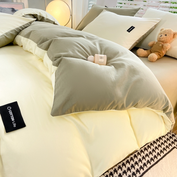 91家纺网 家纺一手货源 找家纺 黑马家居 2024新款双拼全棉四件套 奶白+灰绿